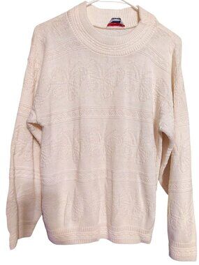 Vintage Glamour Knit Medium White Sweater Textured Butterfly Print, USA Grandma